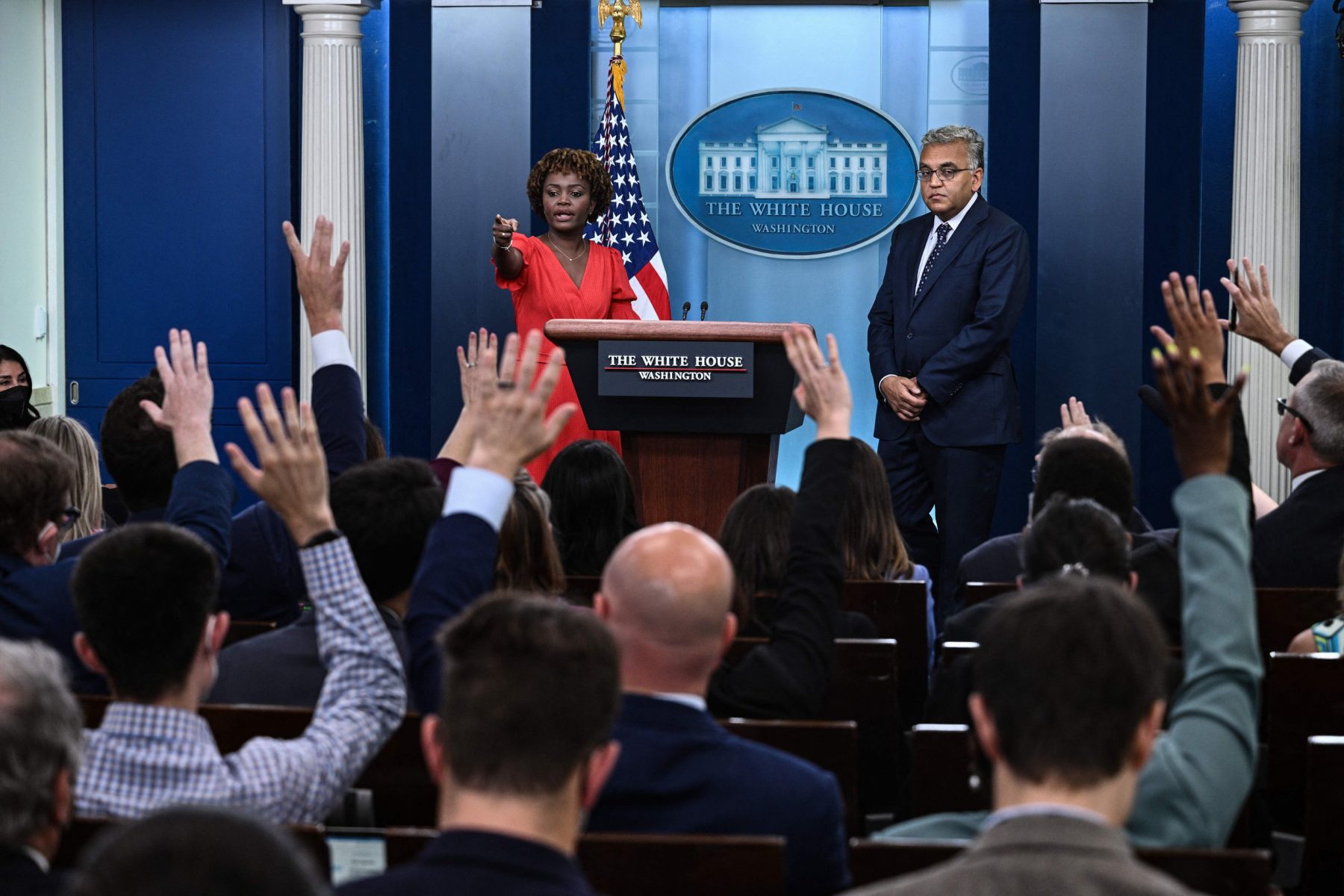 White House Press Secretary Karine Jean-Pierre and Covid-19 Response Coordinator Dr. Ashish Jha take questions from reporters during the daily briefing in the Brady Briefing Room of the White House in Washington, DC, on July 21, 2022.