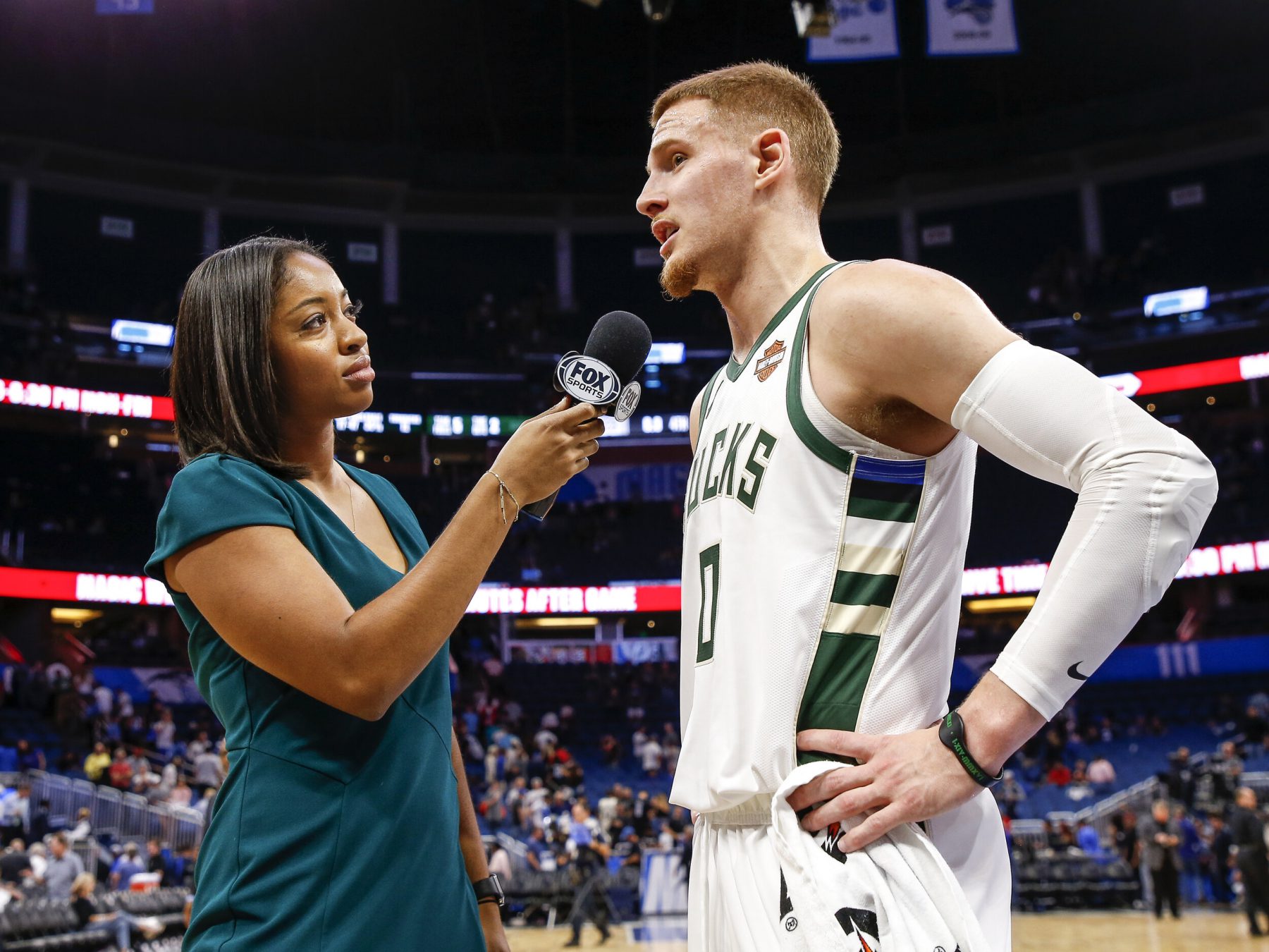 Zora Stephenson interviews Milwaukee Bucks shooting guard Donte DiVincenzo following the team’s win against the Orlando Magic.