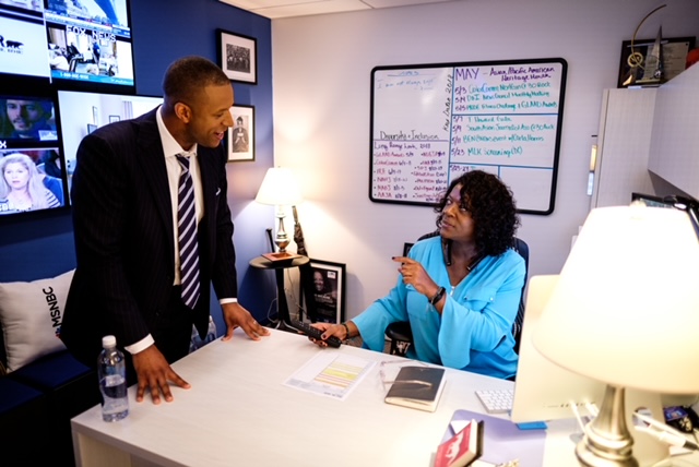 Yvette Miley, EVP of diversity, equity and inclusion for NBCU News Group, talks with “TODAY” national correspondent and anchor Craig Melvin. (Courtesy of MSNBC)