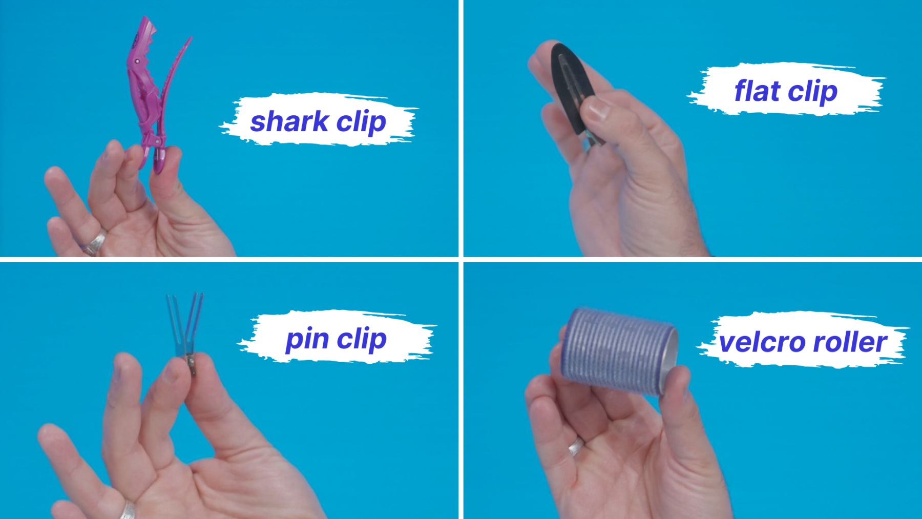 A shark clip, flat clip, pin clip and velcro roller.