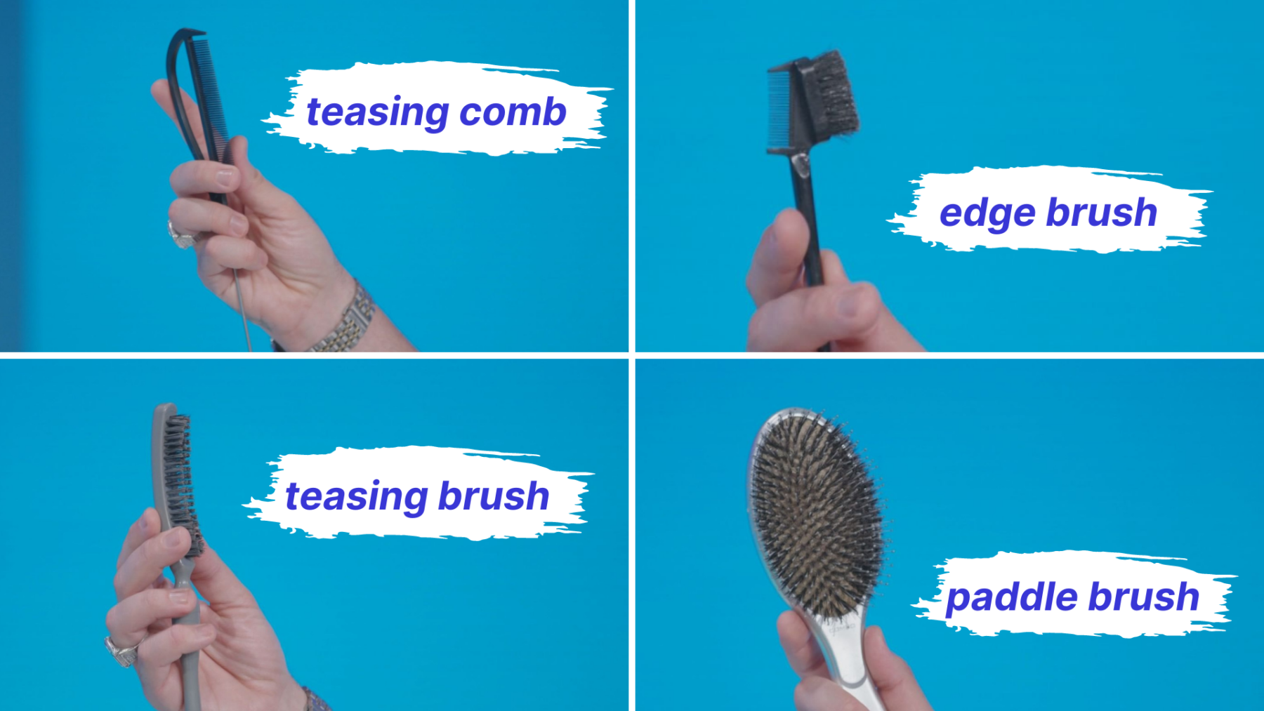A teasing comb, edge brush, teasing brush and paddle brush.