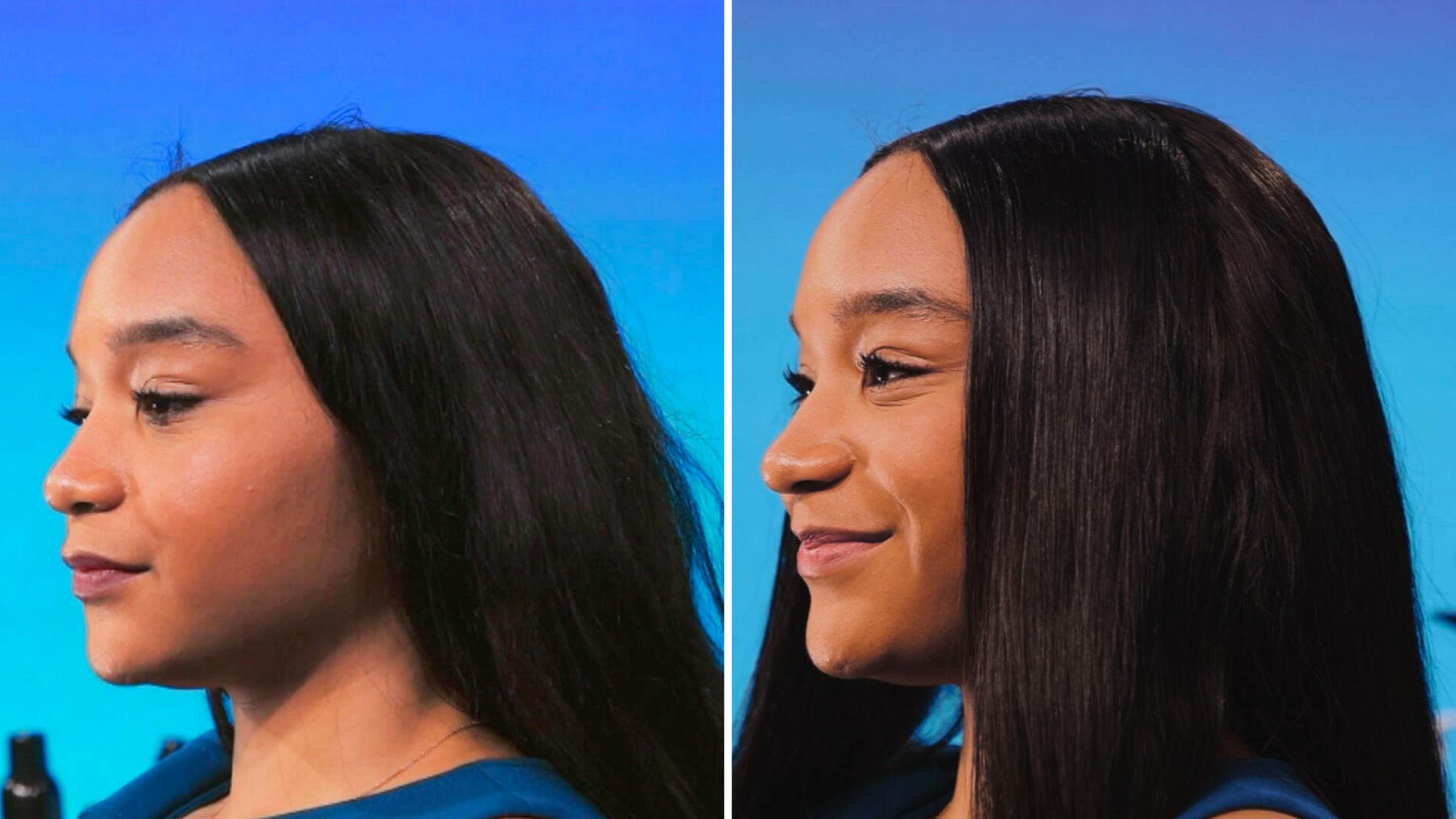 Before and after pictures of smoothing out hair extensions.